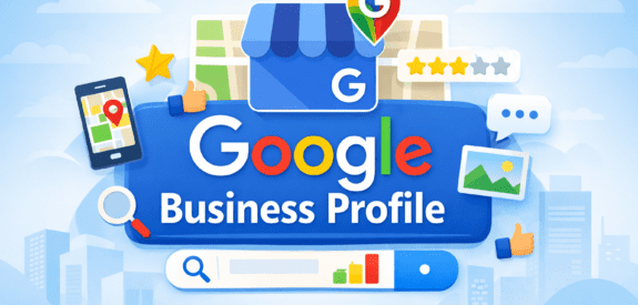 Illustration of “Google Business Profile” with icons like a shop, map, and rating stars over a cityscape background, highlighting local search visibility for propane companies.