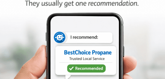 A hand holds a smartphone displaying an AI chat recommending BestChoice Propane as a trusted local service. Text above reads, When people ask AI who to call for propane. They usually get one recommendation. A propane tank icon is in the corner.