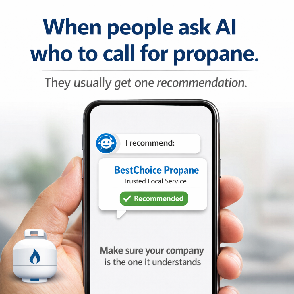 A hand holds a smartphone displaying an AI chat recommending BestChoice Propane as a trusted local service. Text above reads, When people ask AI who to call for propane. They usually get one recommendation. A propane tank icon is in the corner.
