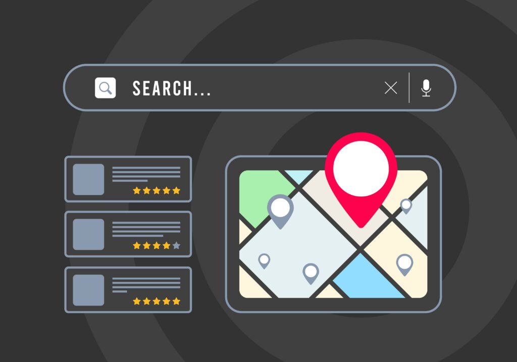 A digital illustration shows a search bar, a map with a red location pin, and a list of search results with star ratings on a dark background with concentric circles.