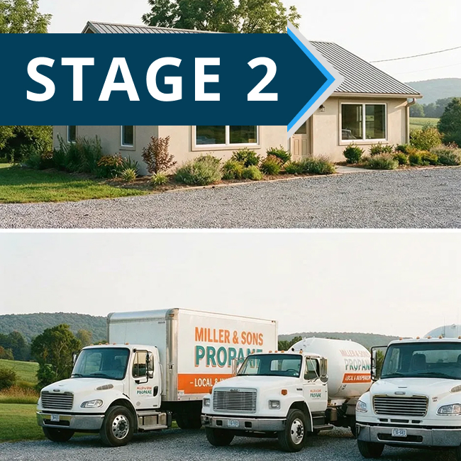 A split image: the top shows a small, modern house with a metal roof and landscaped yard; the bottom shows three white propane trucks parked on gravel with hills in the background. A blue arrow labeled Stage 2 points right.