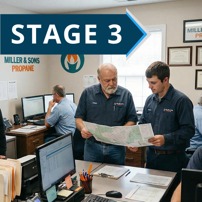 Two men in blue uniforms review a map in an office with others working at computers. A sign reads STAGE 3 and the logo Miller & Sons Propane is visible on the wall.