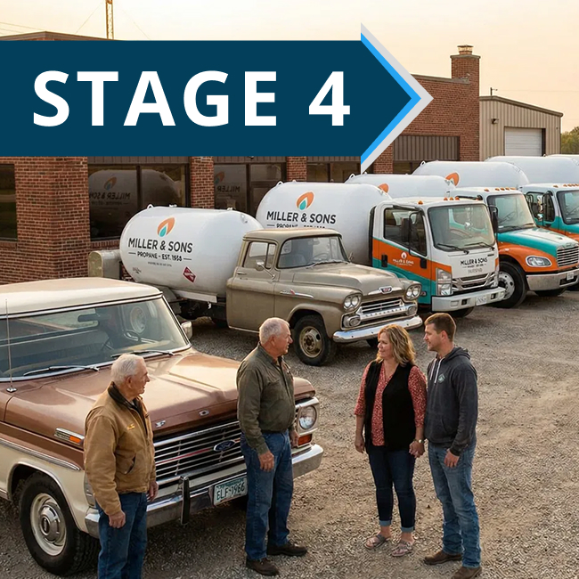 Four people stand talking in front of several Miller & Sons propane trucks and vintage pickup trucks, with a large “Stage 4” sign above them. The setting appears to be an industrial lot near a brick building.