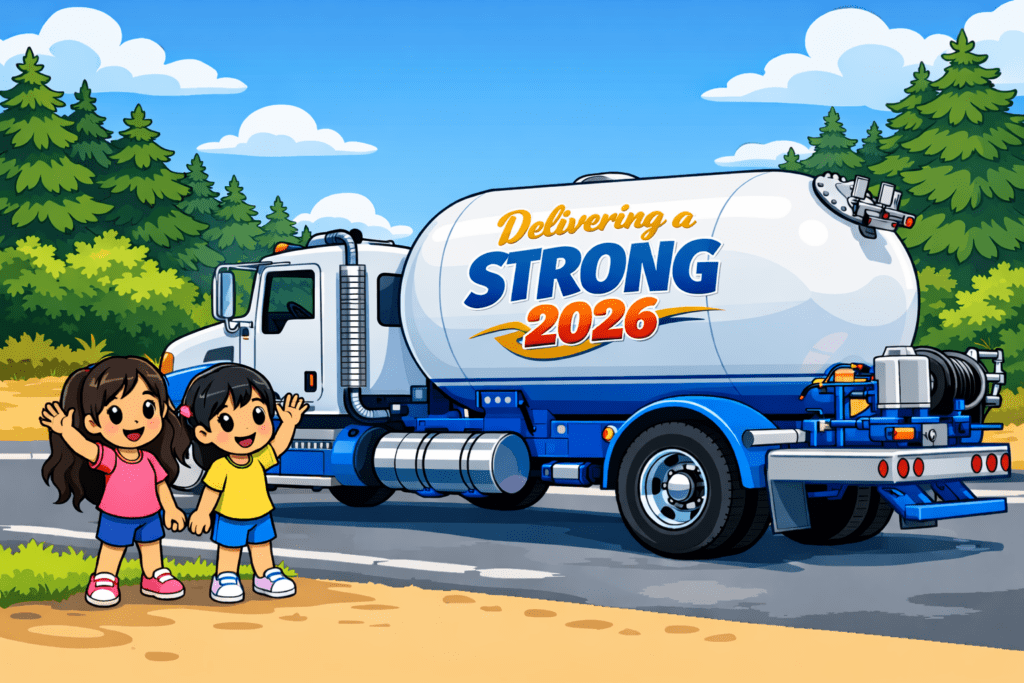 Two smiling children waving in front of a large fuel truck with the words Delivering a Strong 2026, highlighting innovative propane marketing, parked on a road lined with trees and set against a blue sky.
