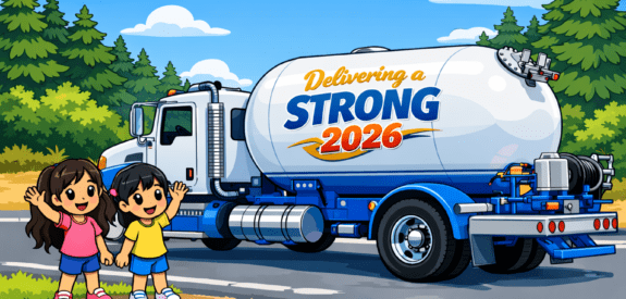 Two smiling children waving in front of a large fuel truck with the words Delivering a Strong 2026, highlighting innovative propane marketing, parked on a road lined with trees and set against a blue sky.
