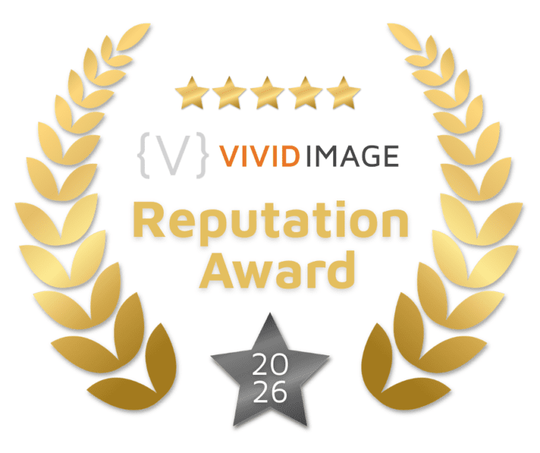 A gold laurel wreath surrounds five stars and the text Vivid Image Reputation Award. A silver star at the bottom displays the year 2026.