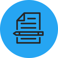 Icon of a sheet of paper with lines, representing text, and a pencil in front of it. The graphic is black on a bright blue circular background.