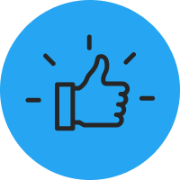 A black outline of a hand giving a thumbs up, surrounded by small lines indicating approval, on a bright blue circular background.