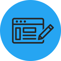 Icon of a web page with a pencil, outlined in black on a bright blue circular background, symbolizing content creation or website editing.
