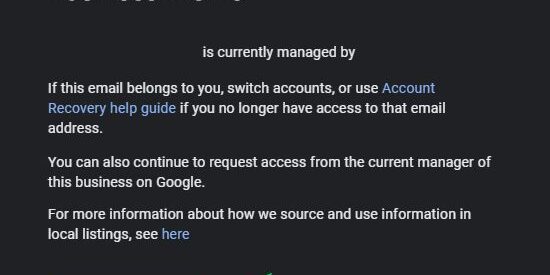 Google Business Profile page with a notice it's managed by someone else; green arrow highlights Request Access button.