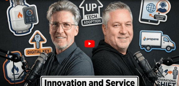 Brian Kanaba of LP Gas Magazine and Steve Gasser of Vivid Image propane podcast promo image with words Innovation and service