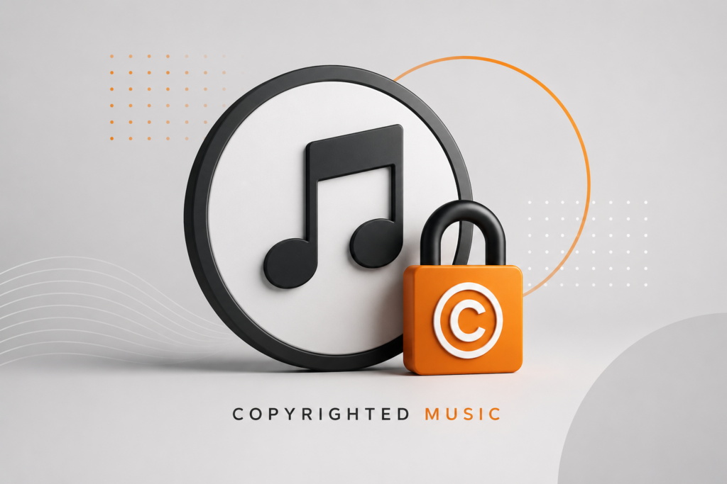 Minimalist 3D illustration of a black music note icon paired with an orange copyright lock symbol on a clean light gray background, using Vivid Image-inspired brand colors of orange, black, white, and gray to represent copyrighted music and protected audio content.