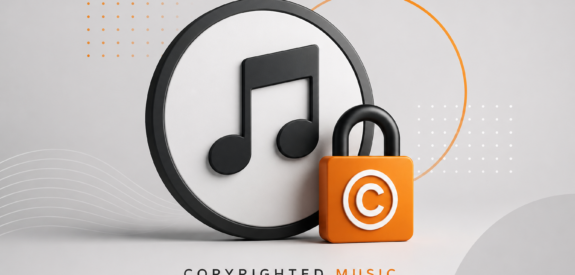 3D music note and padlock icons with a copyright symbol on a neutral background, symbolizing copyrighted music.