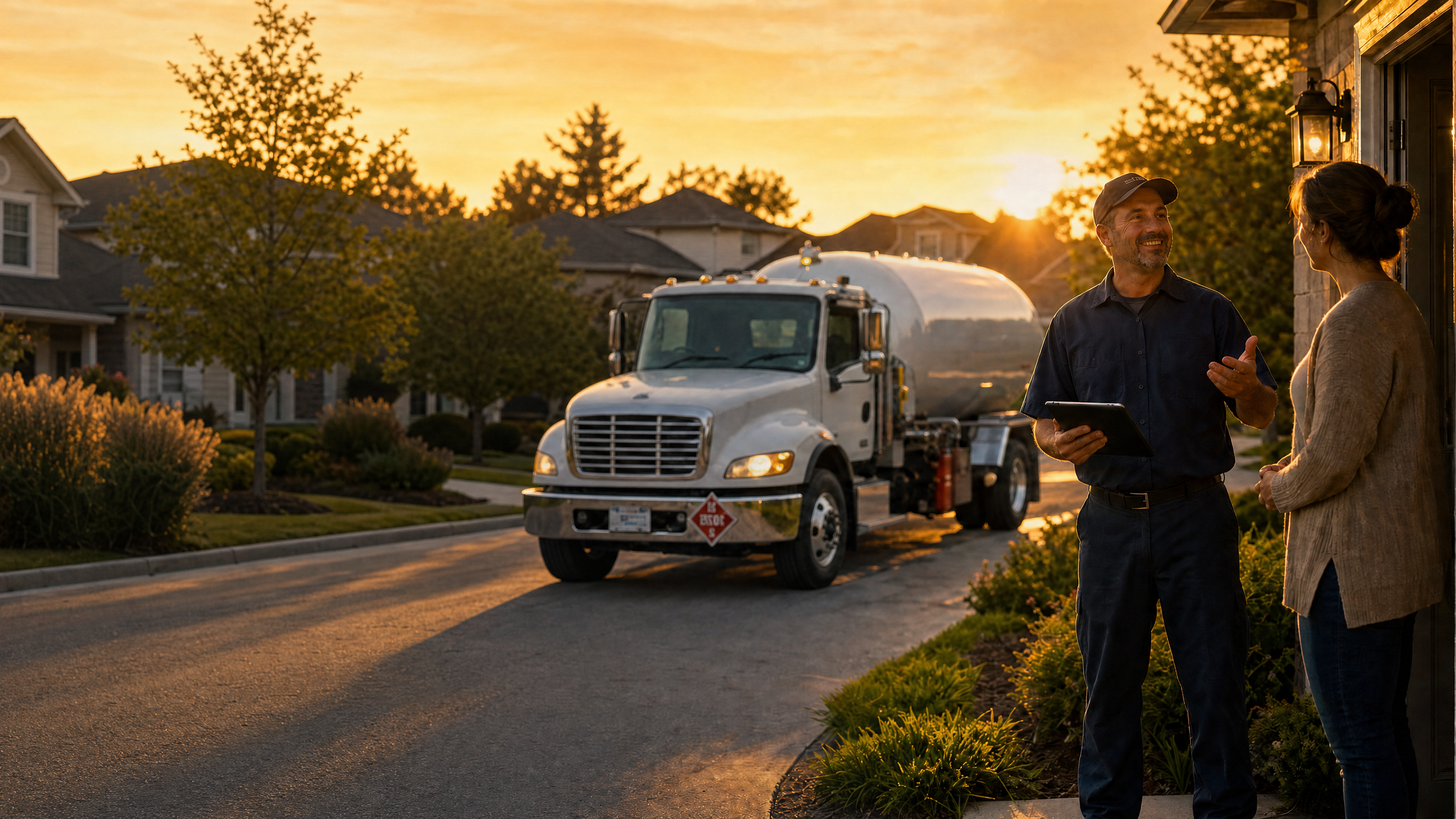 A delivery driver with a clipboard talks to a woman outside her home while a fuel truck is parked on the street at sunset.