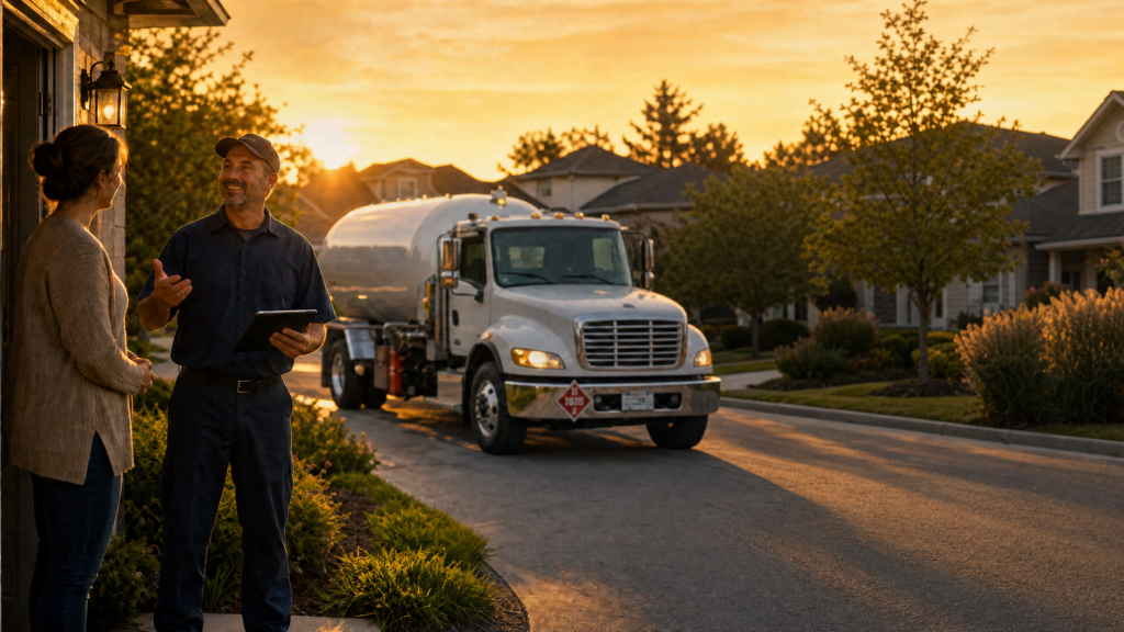 A delivery driver with a clipboard talks to a woman outside her home while a fuel truck is parked on the street at sunset.