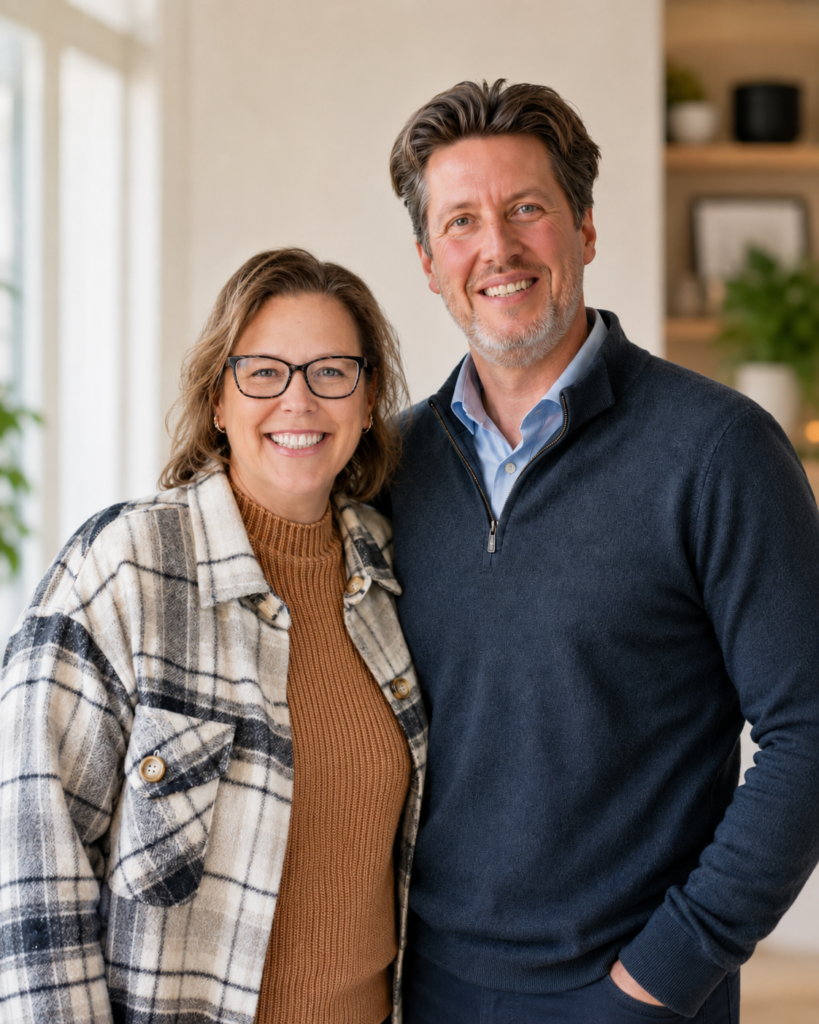 Two adults indoors, smiling; one in glasses, plaid jacket, brown turtleneck, other in dark zip-up and blue shirt.